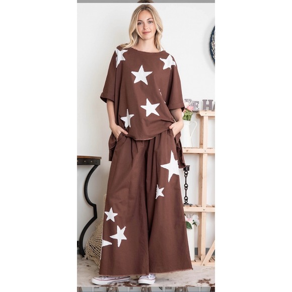 Blue Velvet Pants - Blue Velvet Chocolate White Star Tunic Top Wide Leg Pants Set Women's Size S